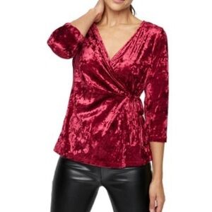 Up All  Night solid crushed velvet surplice front top burgundy